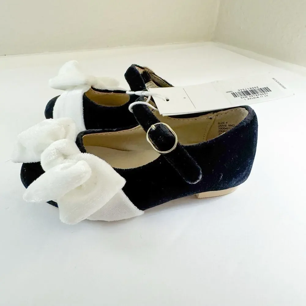 Janie and Jack Velvet Bow Ballet Flats- Size 4 Toddler Girl. Black/White Holiday
